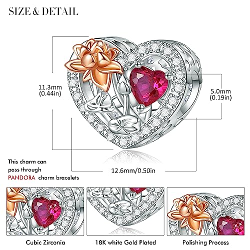 Birth Flower Birthstone Charm for Pandora Charms Bracelets Necklace 925 Sterling Silver Heart Love Charm Birthday Mother's Day Christmas Jewelry Gifts - color: 07-July