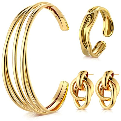 Misdary 3 Pcs Jewelry Gifts Set Bracelets Earrings Ring Cuff Bangle for Women Wedding Birthday Gifts - color: Gold, style: Irregular