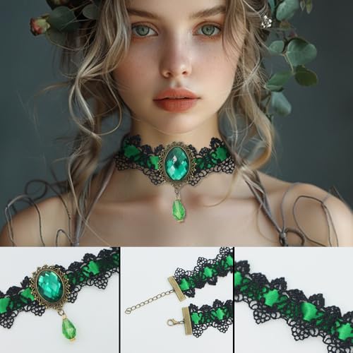 Gothic Lace Choker Vampire Necklace for Women,Black Lace Red Crystal Pendant Necklaces for Halloween,Goth Black Necklace Jewelry Witch Costume Vampire Accessories - style: Style Green