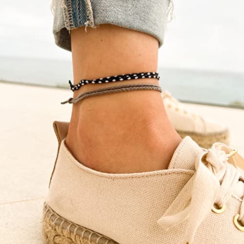 Made by Nami 2 Pcs Wave String Ankle Bracelets for Women Waterproof & Adjustable Thin Braided Anklet Surfer Boho Ankle Bracelet Set of 2 Beach Accessories - color: Black & Grey