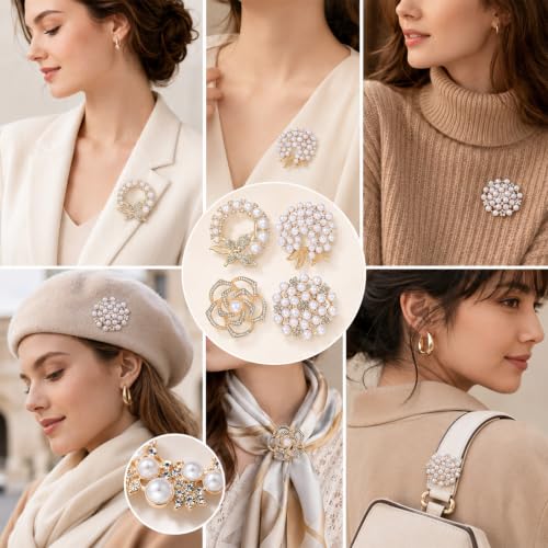 4pcs Crystal Pearl Brooch, Flower Pearl Brooch Pins for Women | Fashion Elegant Glod Crystal Floral Brooches for Dress Coat Shawl Wedding Appreciation Decor