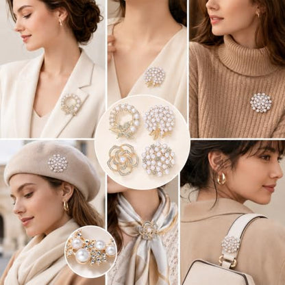 4pcs Crystal Pearl Brooch, Flower Pearl Brooch Pins for Women | Fashion Elegant Glod Crystal Floral Brooches for Dress Coat Shawl Wedding Appreciation Decor
