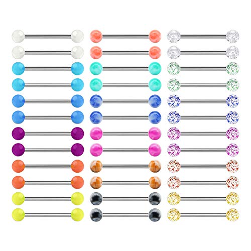 Mayhoop 14G 36Pcs Stainless Steel Nipple Rings Tongue Rings Straight Barbell Bars Piercing 14mm 16mm 18mm in Length for Women Men - color: Stainless - 18mm (11/16")