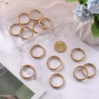 SUNNYCLUE 1 Box 16Pcs Spring Gate Rings Gold Spring Key Ring Bulk Trigger Buckle Clip Snap Clasps Round Carabiner for Jewelry Making Keyrings Bags Purses DIY Craft - color: 1 Box 16pcs Alloy O Rings 16mm