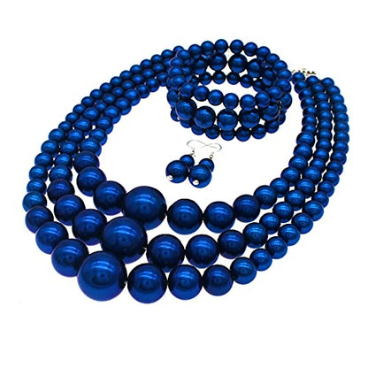 Big Chunky Pearl Necklace and Earrings Set Large Costume 1920s Faux Pearls Gatsby Accessories - color: A-royal blue