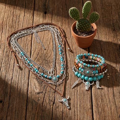 Western Jewelry Sets for Women Boho Jewelry, Layer Bohemian Necklace Earrings Bracelet, Cowgirl Accessory Rodeo Summer Beach - color: Blue,Brown