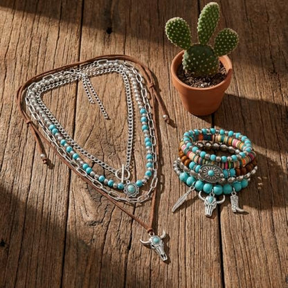 Western Jewelry Sets for Women Boho Jewelry, Layer Bohemian Necklace Earrings Bracelet, Cowgirl Accessory Rodeo Summer Beach - color: Blue,Brown