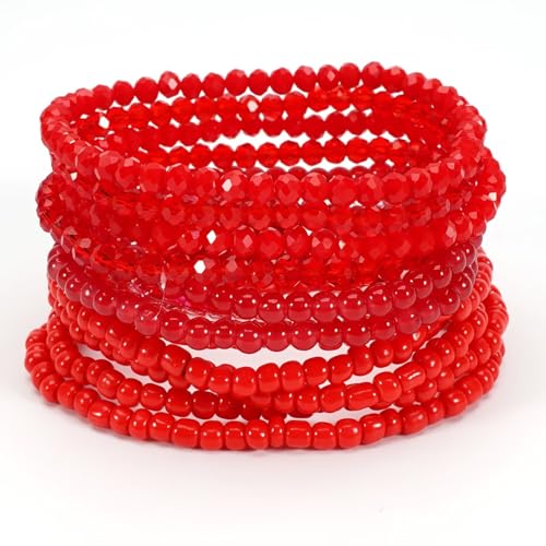 Bohemian Multilayer Beaded Stackable Stretch Bracelets for Women Colorful Crystal Glass Resin Seed Beads Elastic Wristbands BFF Friendship Summer Beach Hawaii Jewelry - color: Red