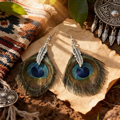 Feather Earrings for Women, Sterling Silver Hook Boho Style Peacock Long Feather Jewelry - color: Peacock Feather-4