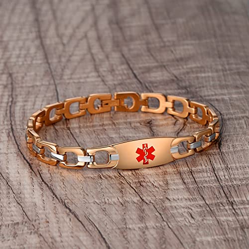 LinnaLove Fashion Shiny medical alert bracelet with Free Engraving Stainless steel Medical id bracelet for Women - color: Horseshoe-Rose Gold