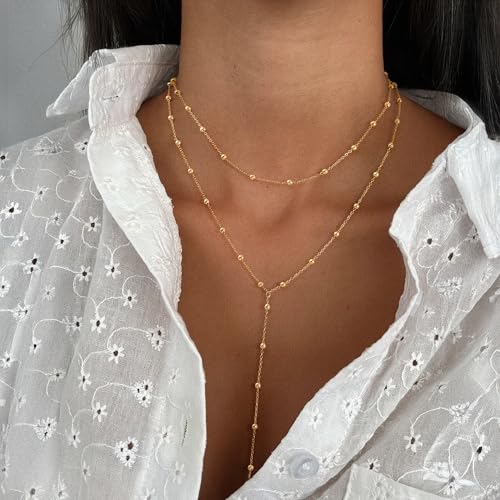 Lariat Gold Necklace for Women Dainty Long 14K Gold Plated Y-Shaped Body Chain Choker Necklace Trendy Non Tarnish Pendant Simple Layered Necklaces Gold Jewelry for Women Set Gift - color: Double Gold Beaded Necklace
