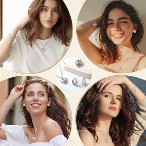 3 Pcs Heart Bow Snow Jewelry Set | Heart Necklace with Bracelet Earring, Snow Jewelry Set for Women, Bow Charms Toggle Gifts - color: Silver, style: Heart Diamond