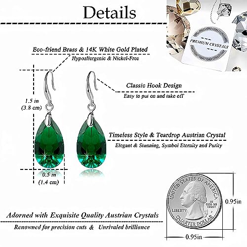 Austrian Crystal Teardrop Dangle Hook Earrings for Women 14K Gold Plated Hypoallergenic Jewelry - color: Emerald