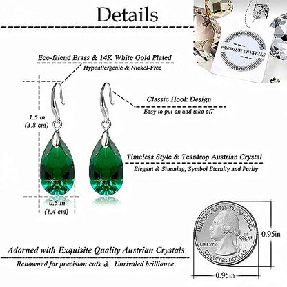 Austrian Crystal Teardrop Dangle Hook Earrings for Women 14K Gold Plated Hypoallergenic Jewelry - color: Emerald