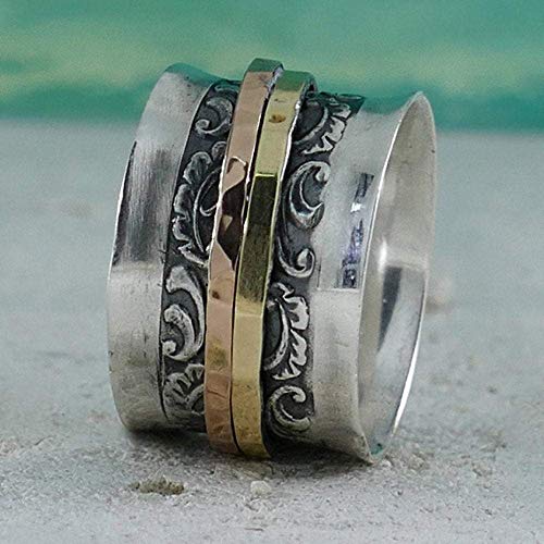Vintage Design Mixed metal Ring Two Tone Solid 9k Yellow & Rose Gold And 925 Sterling Silver Spinner Ring Hammered Silver Ring Made in Israel