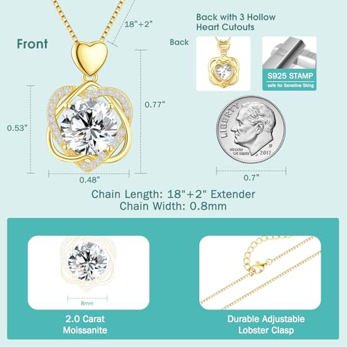 Moissanite Heart Necklace for Women, 2-5 Carat Moissanite Heart Pendant Necklace, S925 Sterling Silver Gold Plated, Double Love Heart Design Pendant, Anniversary Birthday Valentines Mothers Day Gifts for Wife Mom Girlfriend - style: 2.0 Carats-Yellow Gold
