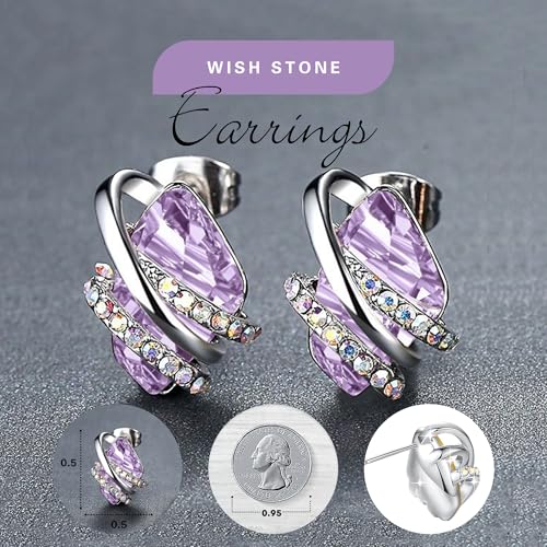 Gifts for Women, Wish Stone Stud Earrings with Birthstone Crystals, 18K Rose Gold Plated or Silver-tone - color: 206-June-Alexandrite Light Purple-Silvertone