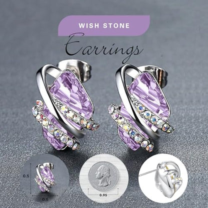 Gifts for Women, Wish Stone Stud Earrings with Birthstone Crystals, 18K Rose Gold Plated or Silver-tone - color: 206-June-Alexandrite Light Purple-Silvertone