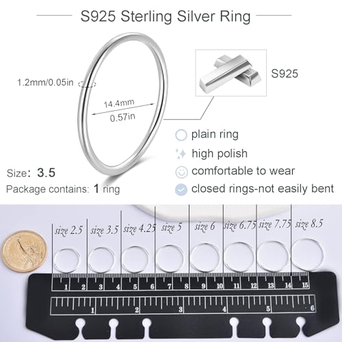 CANDYFANCY 925 Sterling Silver 1.2mm Stacking Midi Thin Rings Thumb Pinky Ring Stack Knuckle Rings for Women Band Ring Size 2.5-8.5 - color: silver-1pcs, size: 3.5