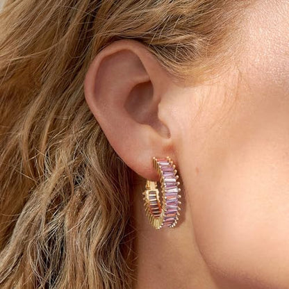 Trendy 14K Gold Plated Hoop Earrings for Women, Chunky Gold/Silver Earrings for Women Cubic Zirconia Baguette Hoop Earrings Heart Hoops Lightweight Hypoallergenic Jewelry,25mm/35mm/40mm/50mm - color: 01 Gold Purple Hoops 25mm
