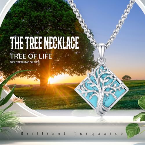S925 Sterling Silver Tree of Life Necklace For Men Women Abalone/Turquoise/Vintage Retro Oxidation/ Famtima Hand/Round/Square/Teardrop/Rectangle/Oval Family Tree Pendant Necklaces Jewelry Gifts For Valentine's Day Christmas Mother's Day - style: Square Tu