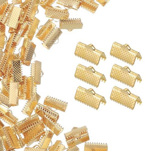 uxcell 200Pcs Ribbon Ends, 13mm Ribbon Crimp Clamp End Bookmark Leather Pinch Crimps Cord Ends, Foldable Clasps Crimp End for Necklace Bracelet DIY Craft Making, Light Gold - color: Light Gold, size: 13mm