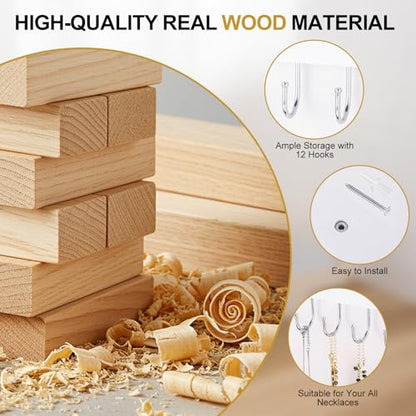2 Pack Wall Necklace Organizer, Wooden Jewelry Holder, White, 24 Hooks | Real Wood; 24 Rotating Hooks; Wall Mount With Screws; Keeps Necklaces, Bracelets, Earrings, And Keys Organized - color: White