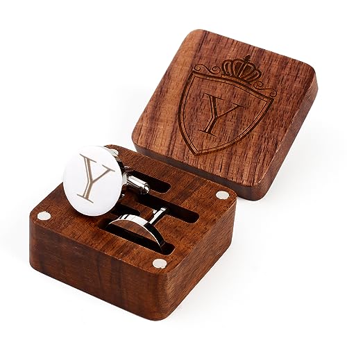 Mens Initial Silver Cufflinks A-Z Alphabet Letter Steel Cuff Links with Engraved Walnut Wood Box Groom Groomsman Wedding Set… - style: Y