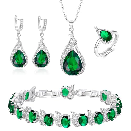 Jewelry Set for Bride, Sparkling Water Drop Cubic Zirconia Crystal Pendant Necklace Leverback Earrings Tennis Bracelet Adjustable Ring Gift for Wedding/Birthday/Mother's Day/Christmas - color: 13-Emerald Color