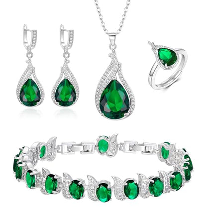 Jewelry Set for Bride, Sparkling Water Drop Cubic Zirconia Crystal Pendant Necklace Leverback Earrings Tennis Bracelet Adjustable Ring Gift for Wedding/Birthday/Mother's Day/Christmas - color: 13-Emerald Color