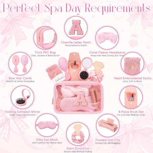 9 Pcs Bow Gift for Woman Set with Hair Headband Scrunchie Sleep Eye Mask Hair Claw Bow Comb with Mirror Monogram Cosmetic Bag Socks for Bachelorette Party Spa Sleepover Birthday Gifts (A) - style: A