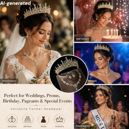 Kamirola Tiaras and Crowns for Women,Tiaras Earrings Necklace, Crystal Bridal Jewelry Set, Costume Jewelry for Women Party Halloween Prom Pageant - color: Gream Green
