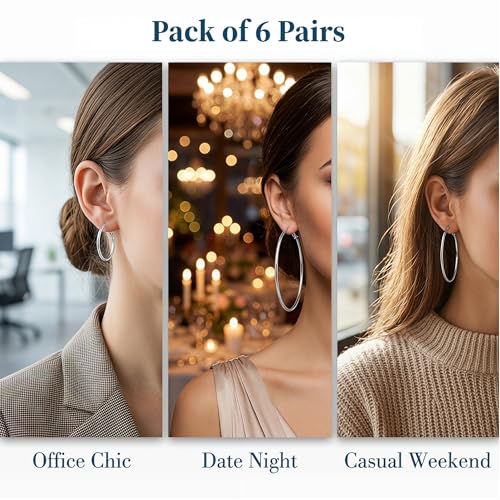 6 Pairs Silver Hoop Earrings for Women | Hypoallergenic Stainless Steel Lightweight Small Medium Large Hoops Set, 20-70mm Clip on Sterling Silver Post Jewelry