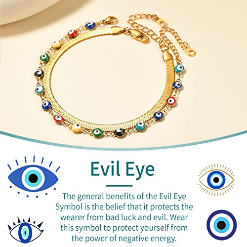 Supcare Evil Eye Anklets for Women,Cuban/Figaro/Mariner/Snake Chain Layered Ankle Bracelet Gifts (with Gift Packing) - color: 04-layered snake gold