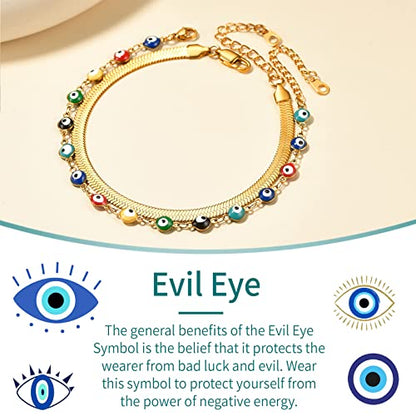 Supcare Evil Eye Anklets for Women,Cuban/Figaro/Mariner/Snake Chain Layered Ankle Bracelet Gifts (with Gift Packing) - color: 04-layered snake gold
