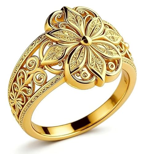 Chunky Gold Flower Ring For Women, Vintage Classic Engraved Hollow Plumeria Flower Pattern Stackable Thumb Ring, Promise Stackable Wedding Engagement Couples Men Jewelry Gift