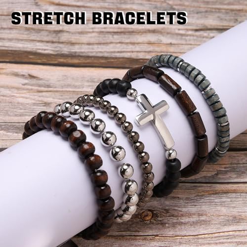 Mens Beaded Bracelets Tribal Wooden Elastic Adjustable Prayer Beads Wrap Cuff for Women - color: M: 6pcs