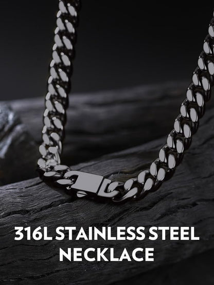 Bandmax Men's Premium Solid Stainless Steel Miami Cuban Link Chain Necklace | Waterproof Tarnish Resistant Chain, Silver Finish/Gold/Black Plated, Easy-open Clasp, 5/7/9/12MM, 18-30 Inches, With Gift Box - color: 09 9MM-Black Plated, size: 28 Inch (71cm,