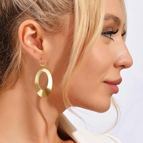 Dangle Hoop Earrings for Women,14k Gold/Silver Plated Geometric Hoops Earrings with High Polished Surface,Hypoallergenic Huggie Drop & Dangle earrings for Women - color: Oval-G