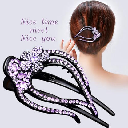 4PCS Heart Style Ponytail Duckbill Clips with Headdresses for Women, Flower Rhinestone Barrettes Sparkly Prom Diamond Hair Clips (Plum Blossom) - color: Plum Blossom