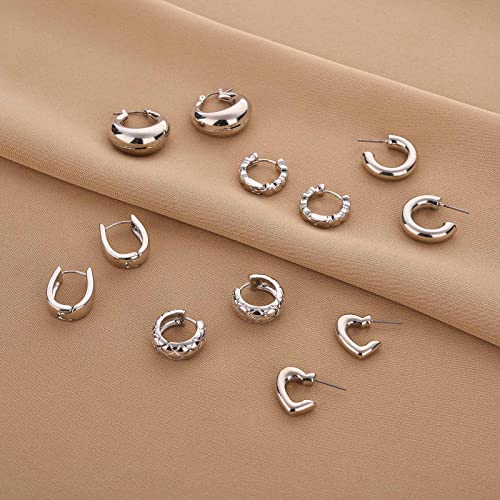 Wgoud 6 Pairs Chunky Gold Hoop Earrings for Women, 14K Gold Plated Hoop Earrings Hypoallergenic, Thick Lightweight Twisted Huggie Hoops Earring Set for Women’s Jewelry GIfts - color: 6 Silver Hoops set