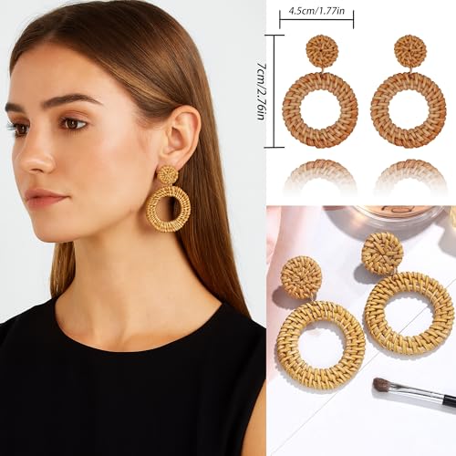 6 Pcs Handmade Raffia Rattan Earrings And Bracelets Boho Round Drop Dangles Cute Fun Jewelery Set Bold Bohemian Statement Jewelry for Women