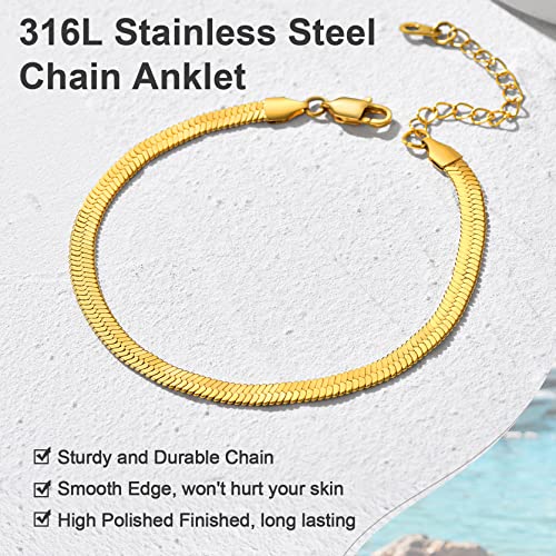 Adjustbale Link Chain Anklet for Women Summer Jewelry, 316L Stainless Steel Figaro/Wheat/Twist Rope/Cuban Foot Bracelet-Waterproof, Resizable 9"-12" (Gift Box Included) - color: 6, Herringbone - Gold-5mm