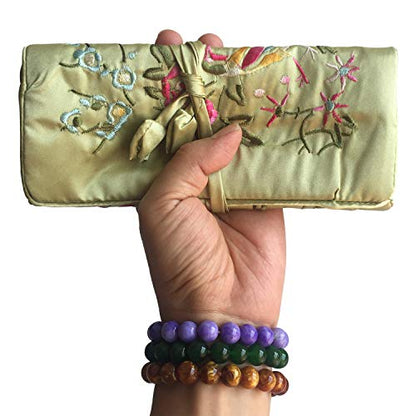 Travel Jewelry Roll Bag - Embroidered Brocade Pouch for Rings, Necklaces, Earrings, Bracelets | Lightweight & Tie Closur (Grass Green) - color: Grass Green