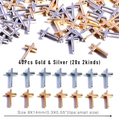 40 Pieces Small Stainless Steel Cross Charms, No Tarnish Jewelry Making Pendants, Silver & Gold Plated