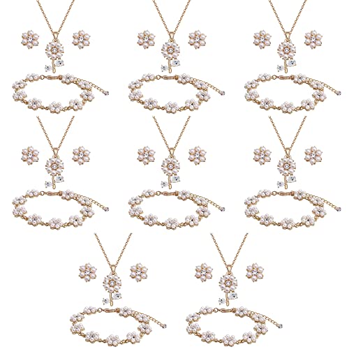 Bridesmaid Jewelry Set for Wedding, 18K Gold or Rose Gold or Silver Plated Flower Pendant with Simulate Pearl Necklace Earring Bracelet Set for Women Gift - color: 18K GOLD - 8 SETS