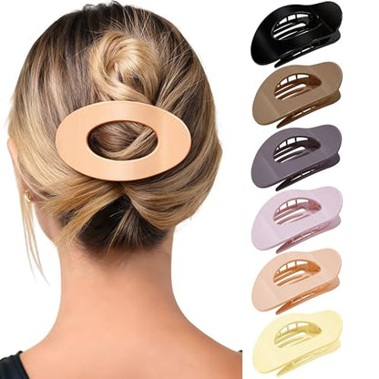 Mesovor 6 Pack Flat Hair Claw Clips, 4.33" Nonslip Round Lay Hair Clips | Strong Hold French Large Flat Hairclips for Lying Down, Yoga, Driving (Neutral Polished) - color: Neutral Polished