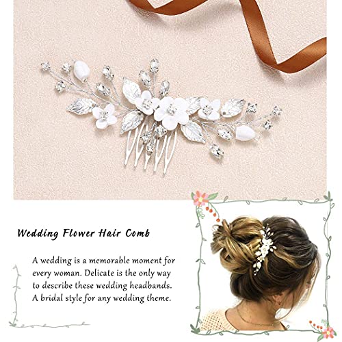 Bride Silver Wedding Hair Comb Flower Bridal Side Comb Sparkly Crystal Hair Piece Leaf Hair Accessorie for Women