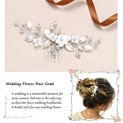 Bride Silver Wedding Hair Comb Flower Bridal Side Comb Sparkly Crystal Hair Piece Leaf Hair Accessorie for Women