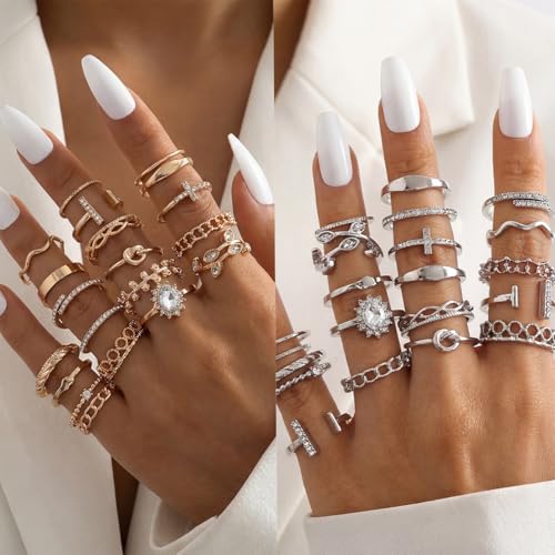 42-Piece Gold Tone Stackable Ring Set for Women, Boho Minimalist Stacking Rings with Crystal & Heart Accents, Adjustable Open Band Jewelry for Daily Wear - style: ZH00096